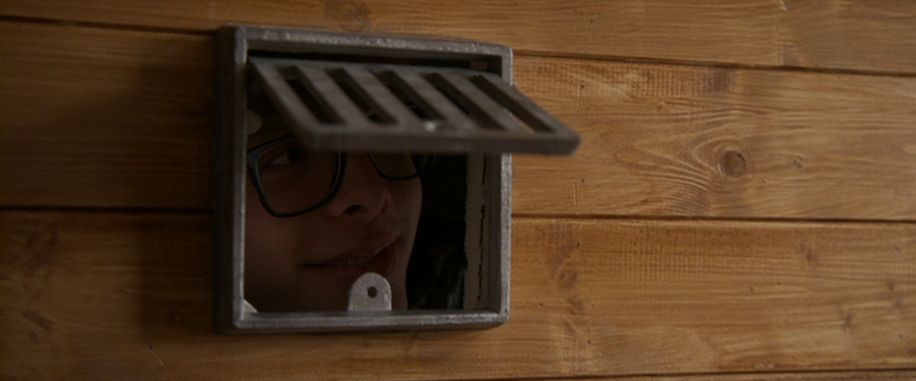 Person looking through a small metal hatch in a wooden wall.